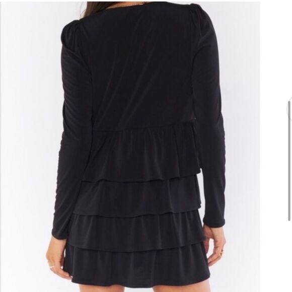 Show Me Your Mumu Top Tier Mini Dress Size SMALL Black Long sleeve Ruffle - Picture 2 of 8